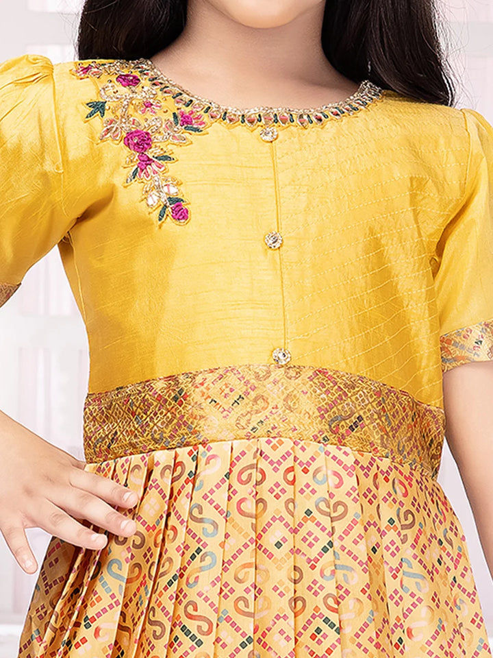 Yellow Polyester Anarkali Gown | Traditional Printed Dress