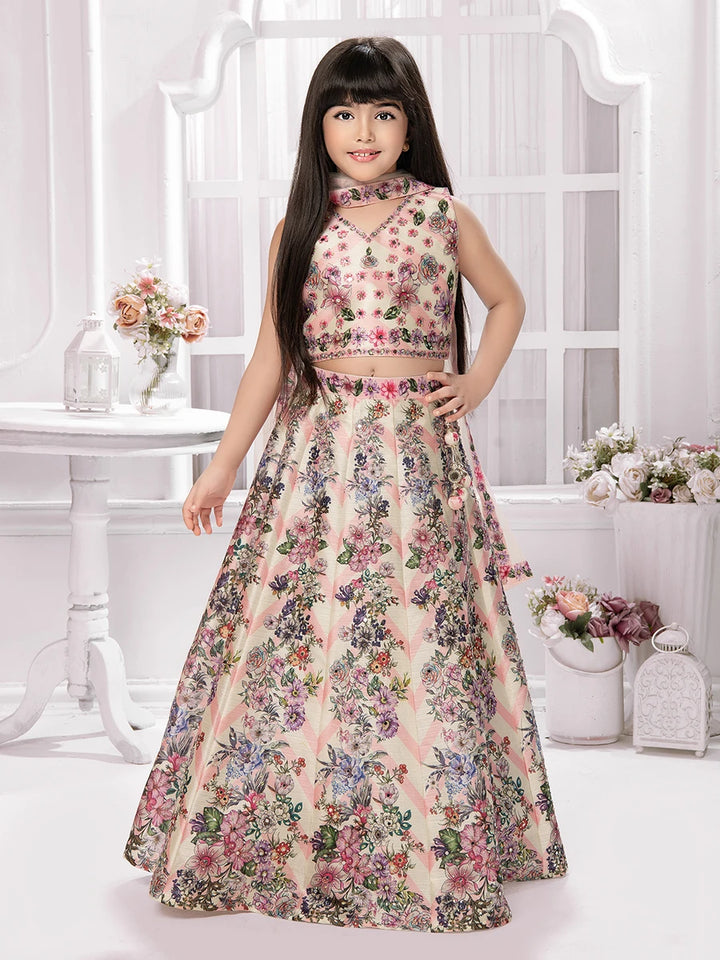 Cream Polyester Kids Lehenga | Lightweight Festive Wear Ensemble