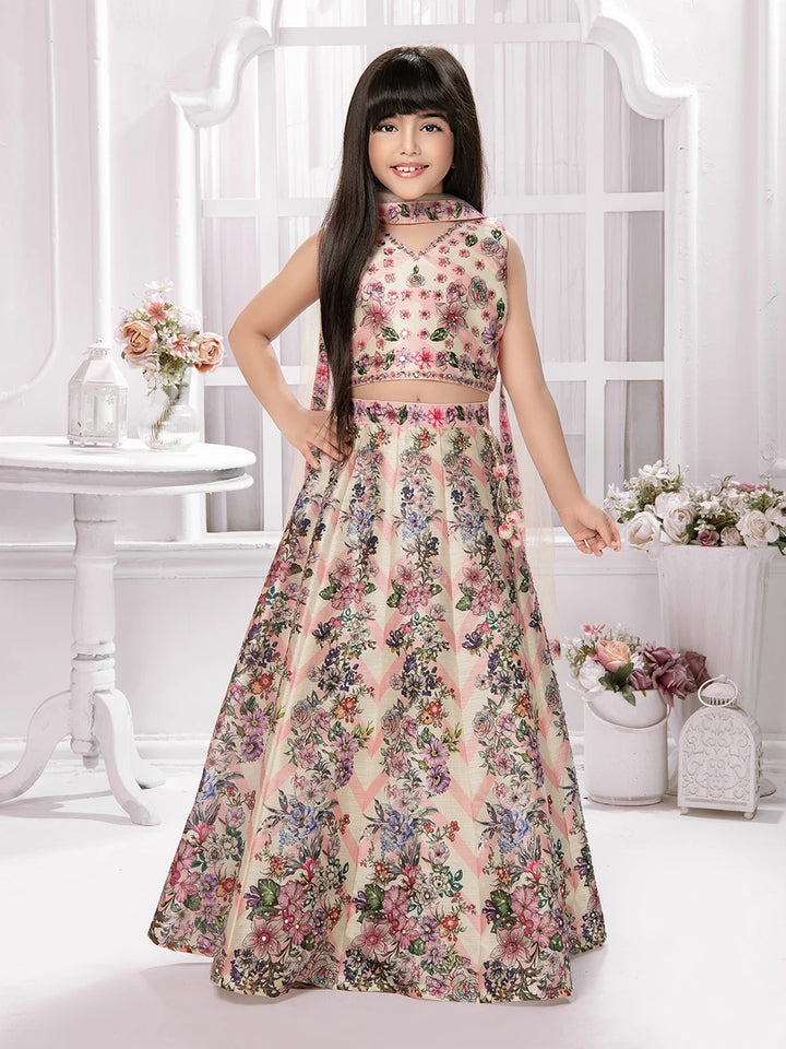 Cream Polyester Kids Lehenga | Lightweight Festive Wear Ensemble