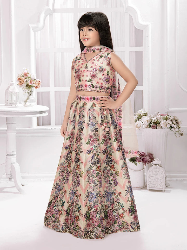Cream Polyester Kids Lehenga | Lightweight Festive Wear Ensemble