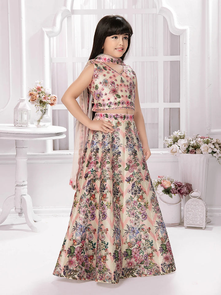 Cream Polyester Kids Lehenga | Lightweight Festive Wear Ensemble