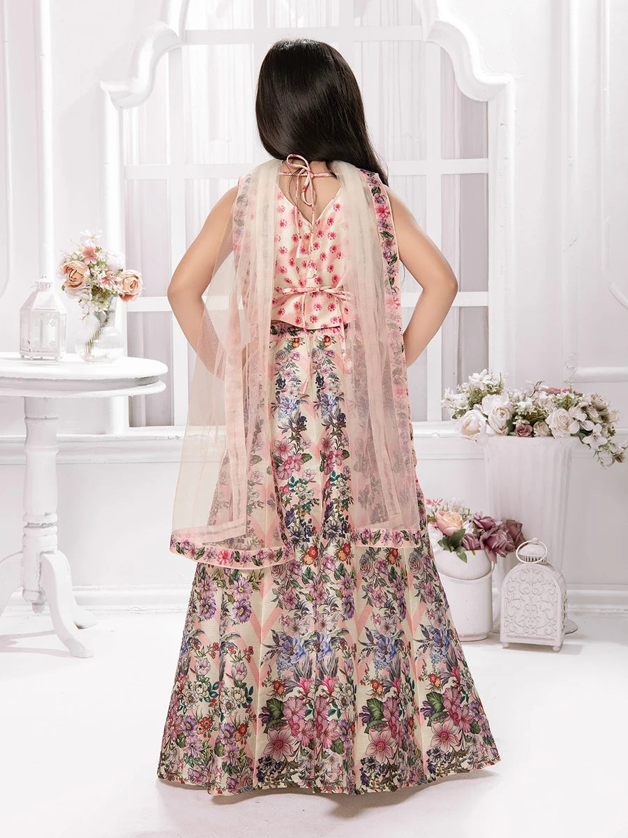 Cream Polyester Kids Lehenga | Lightweight Festive Wear Ensemble