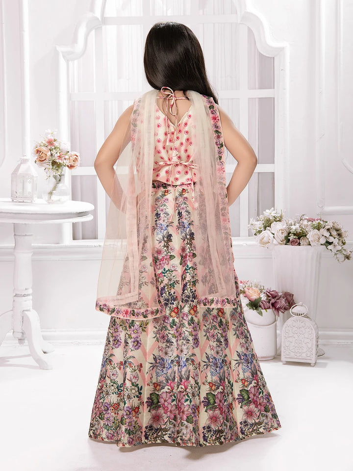 Cream Polyester Kids Lehenga | Lightweight Festive Wear Ensemble