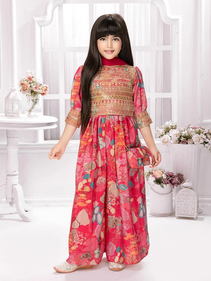 Little Diva Palazzo Set | Rani Pink Silk with Embroidery Magic