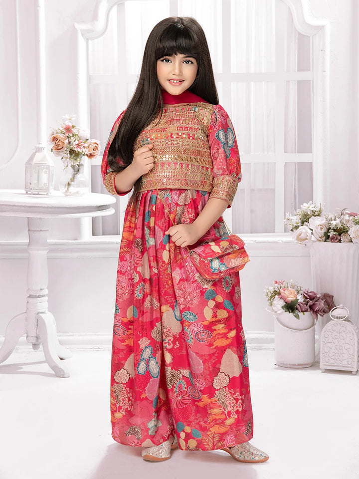 Little Diva Palazzo Set | Rani Pink Silk with Embroidery Magic