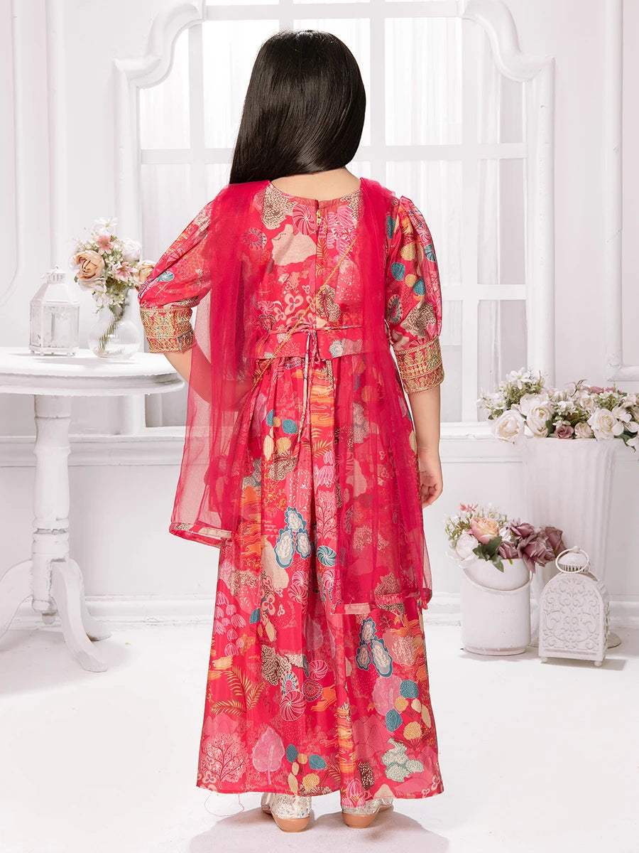 Little Diva Palazzo Set | Rani Pink Silk with Embroidery Magic