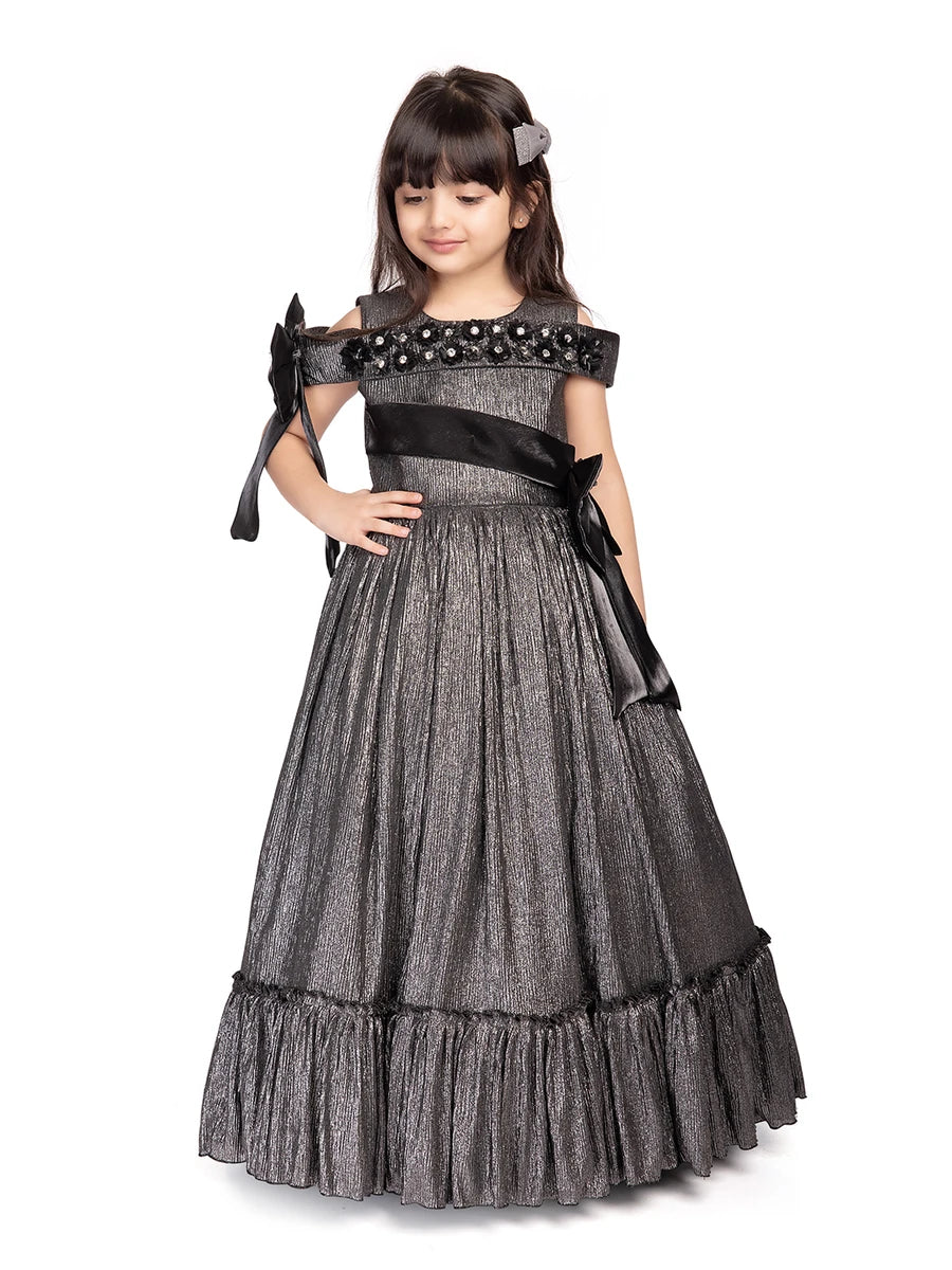Gray Polyester Anarkali Gown | Cold Shoulder Flower Broach Design