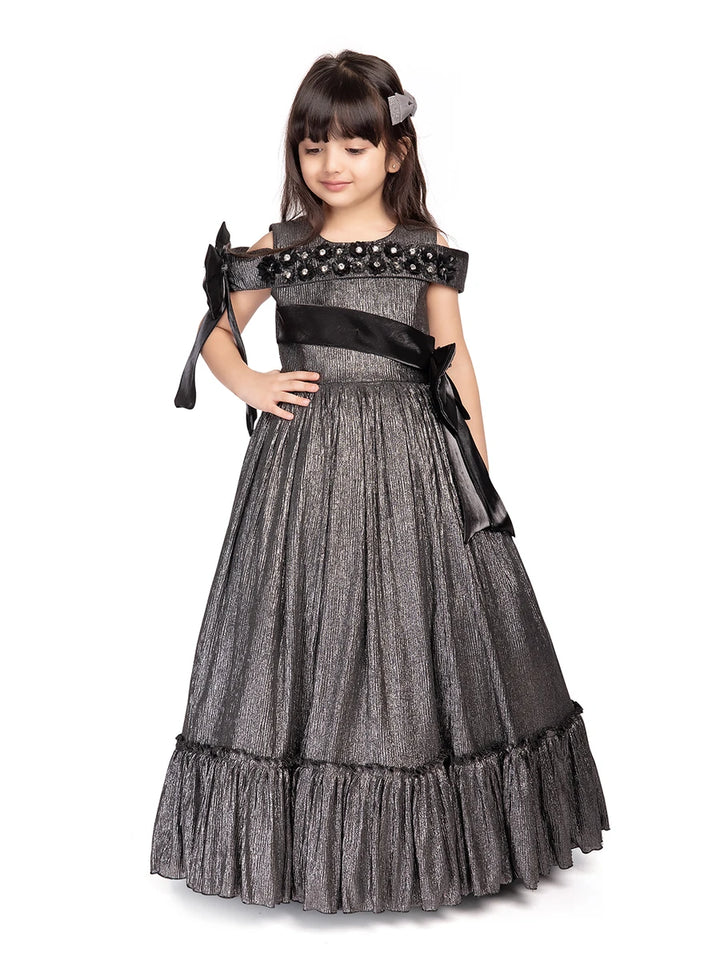 Gray Polyester Anarkali Gown | Cold Shoulder Flower Broach Design