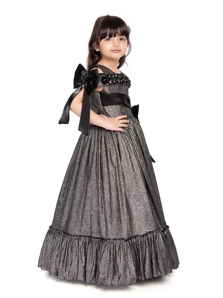 Gray Polyester Anarkali Gown | Cold Shoulder Flower Broach Design