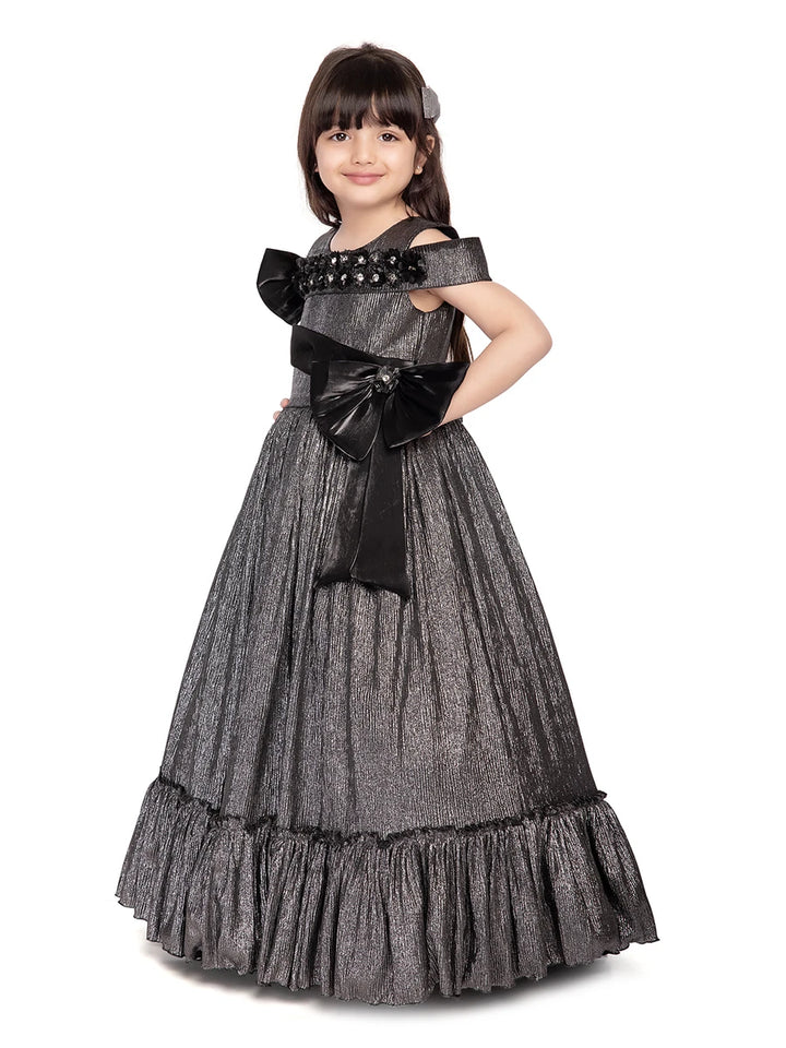 Gray Polyester Anarkali Gown | Cold Shoulder Flower Broach Design