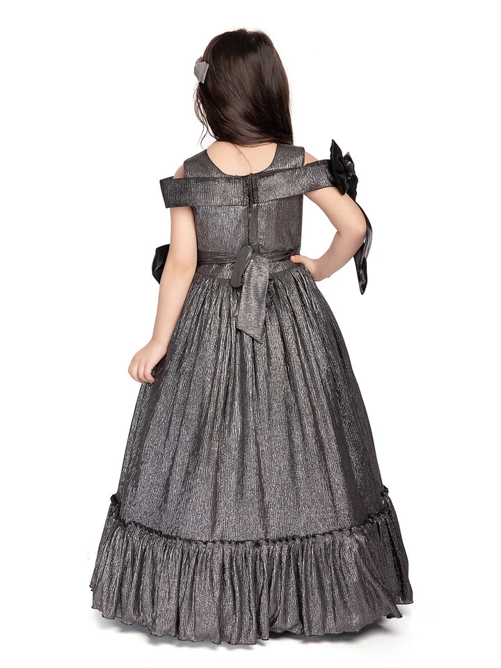 Gray Polyester Anarkali Gown | Cold Shoulder Flower Broach Design