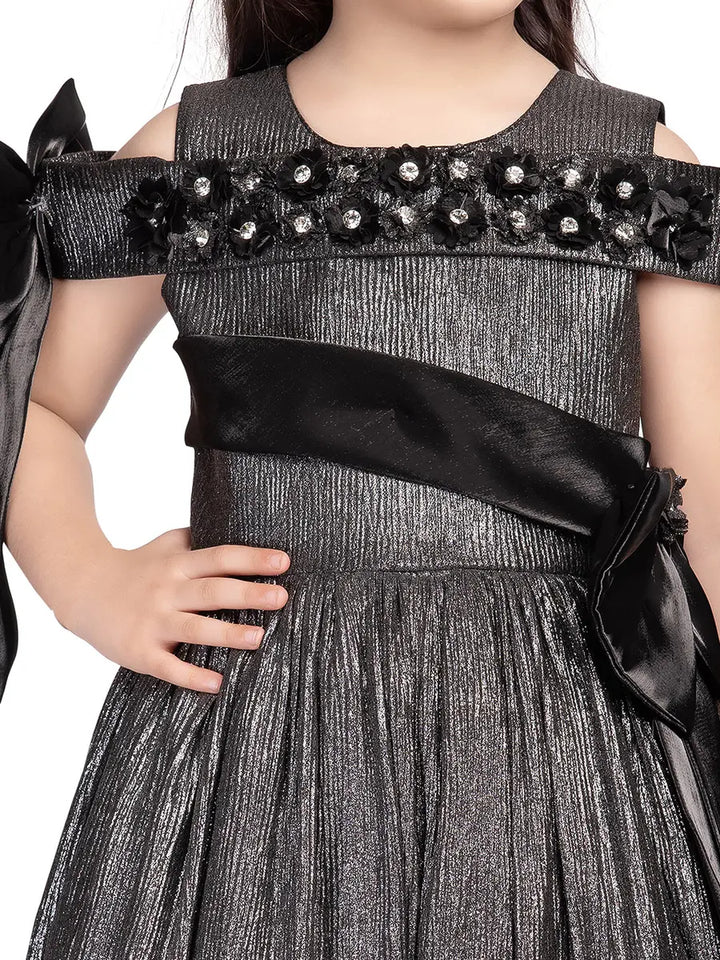 Gray Polyester Anarkali Gown | Cold Shoulder Flower Broach Design