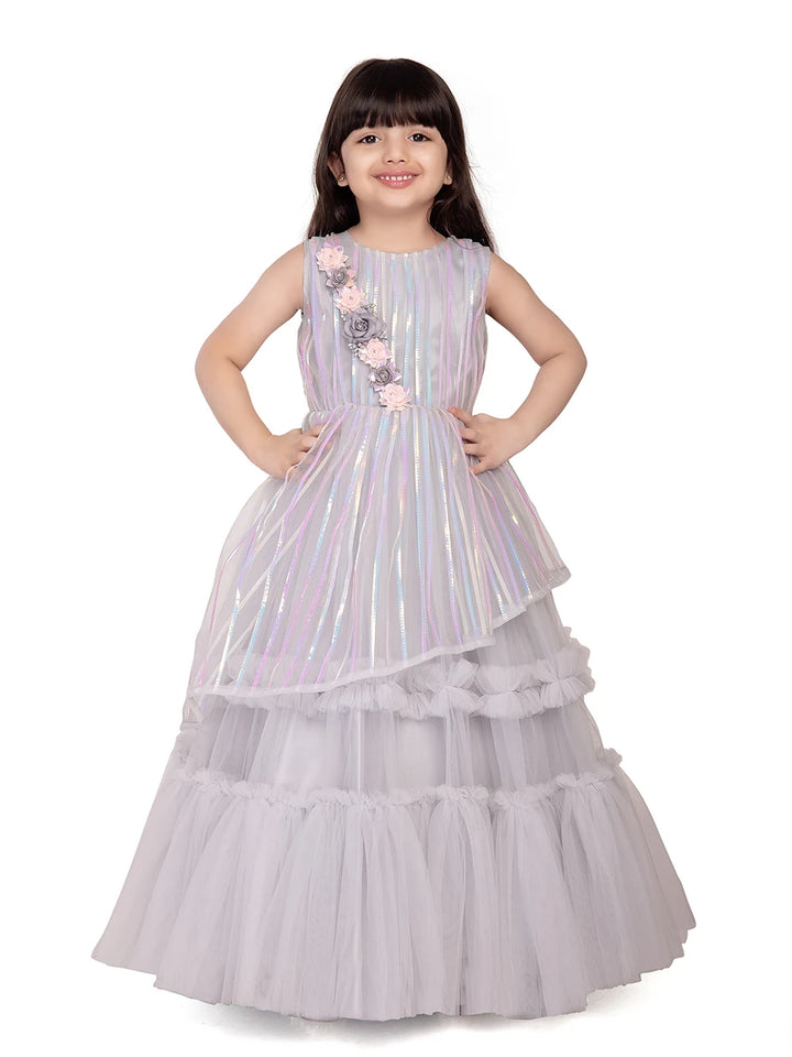 Princess Style Anarkali Dress | Light Gray Net  Kids Ethnic Collection