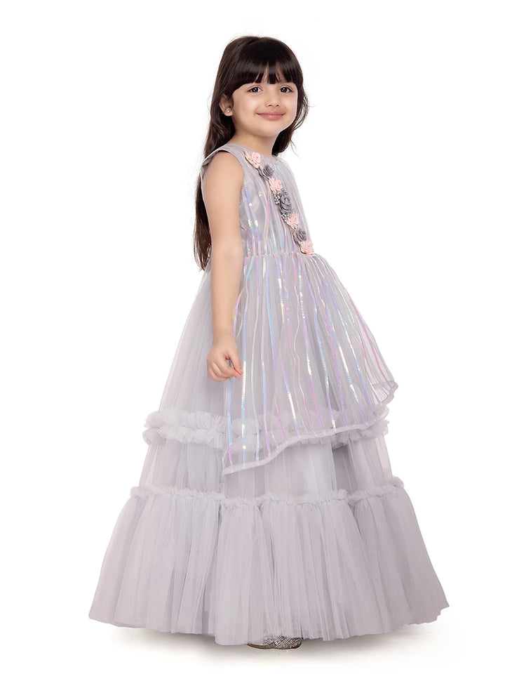 Princess Style Anarkali Dress | Light Gray Net  Kids Ethnic Collection