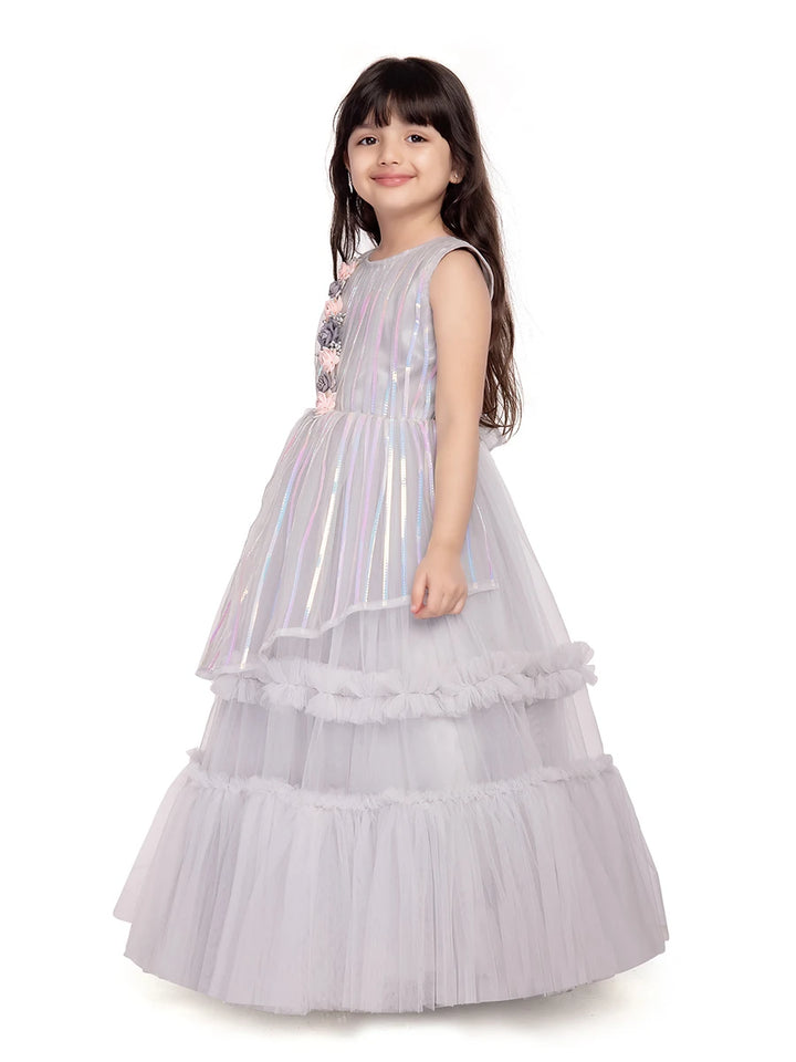 Princess Style Anarkali Dress | Light Gray Net  Kids Ethnic Collection