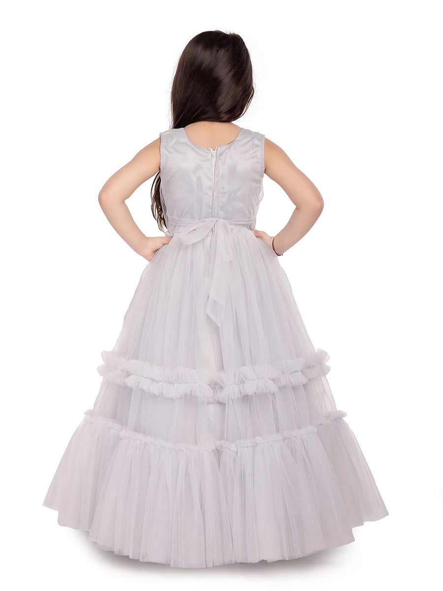 Princess Style Anarkali Dress | Light Gray Net  Kids Ethnic Collection