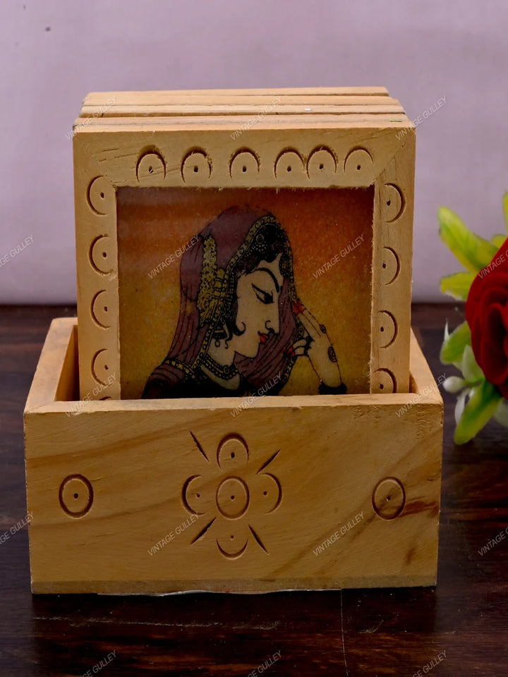 Square Wooden Tea Coasters | Handcrafted Gemstone Painting for Decor
