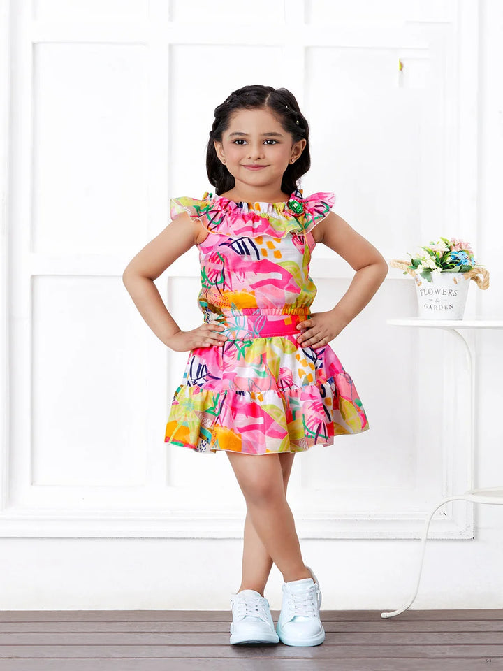 Chic Pink Skirt Set for Girls | Printed Skirt and Top Combo