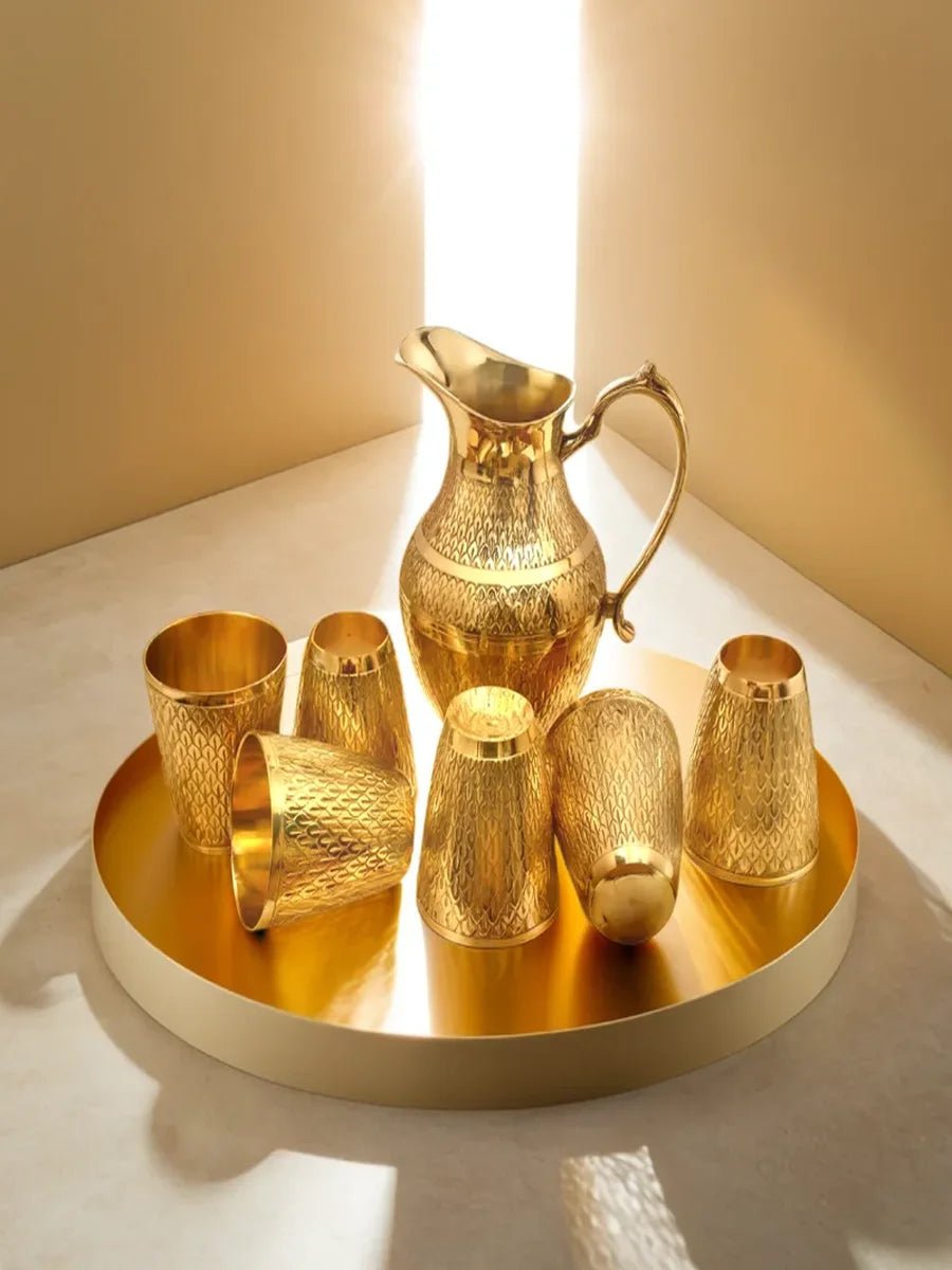 Traditional Brass Water Jar & 6 Glass Set | Nakashi brass kitchenware set - Brass Jar & 6 Glass Set â€“ Nakashi Design
