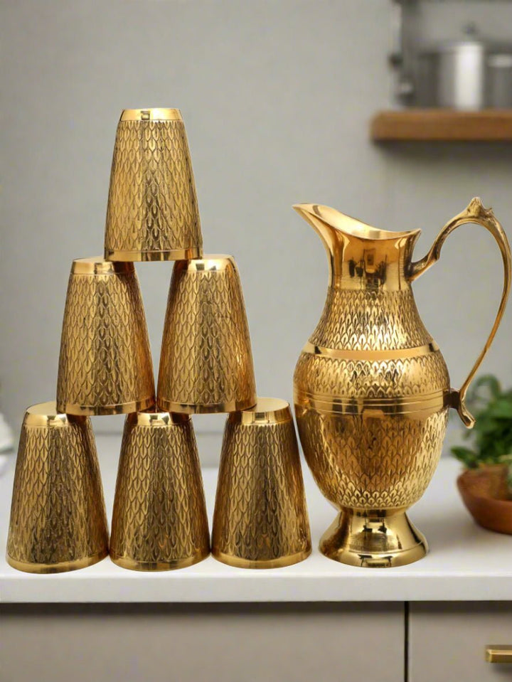 Traditional Brass Water Jar & 6 Glass Set | Nakashi brass kitchenware set - Brass Jar & 6 Glass Set â€“ Nakashi Design