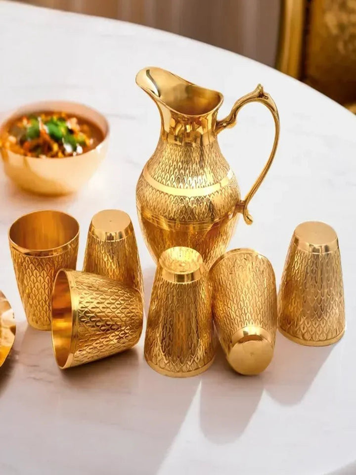 Traditional Brass Water Jar & 6 Glass Set | Nakashi brass kitchenware set - Brass Jar & 6 Glass Set â€“ Nakashi Design