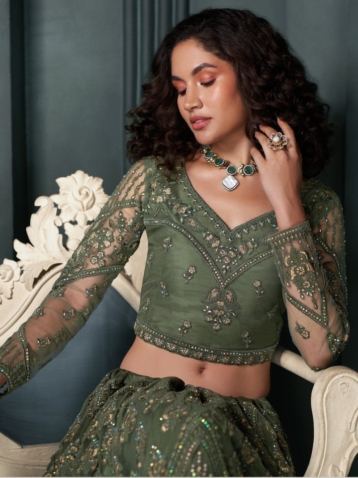 Traditional Green Lehenga | Net Fabric & Heavy Embroidery - ALZ - BDH5 - 1084 - Semi Stitched - YPOD