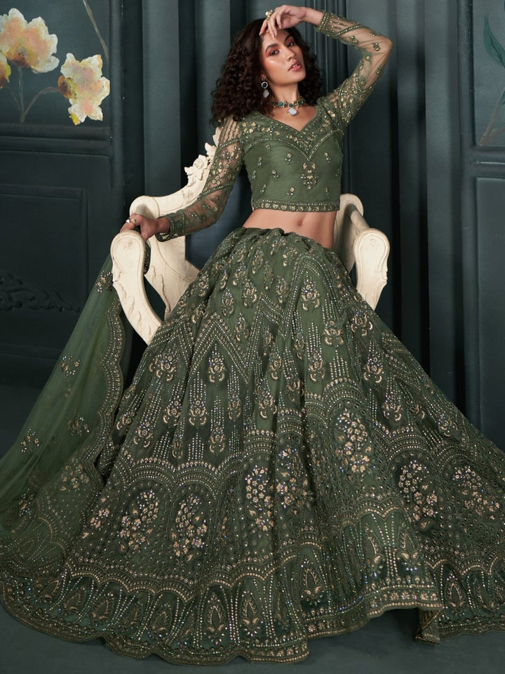Traditional Green Lehenga | Net Fabric & Heavy Embroidery - ALZ - BDH5 - 1084 - Semi Stitched - YPOD