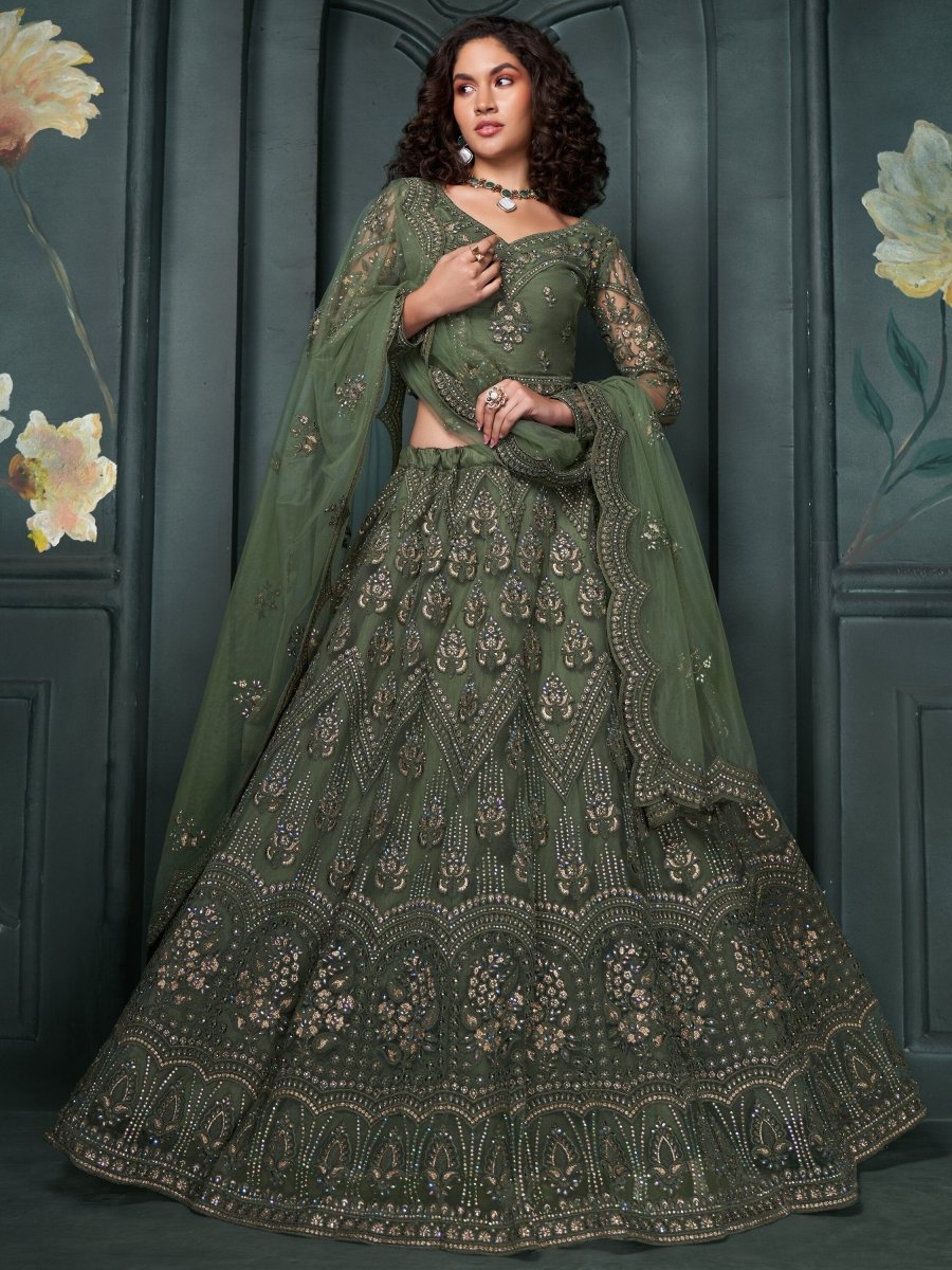 Traditional Green Lehenga | Net Fabric & Heavy Embroidery - ALZ - BDH5 - 1084 - Semi Stitched - YPOD
