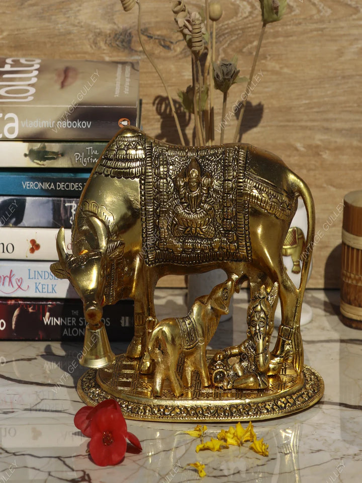 Golden Antique Metal Figurine | Decorative Cow and Calf Idol for Gifting