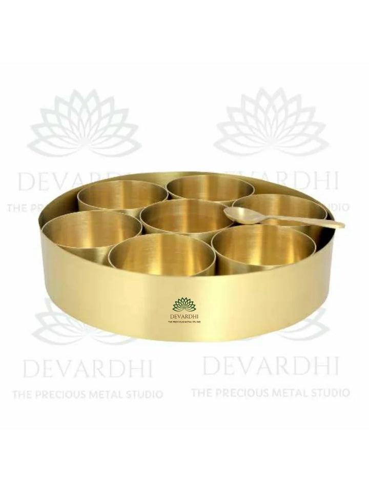 Madhuryam | Traditional Brass Spice Storage Box with 7 Bowls & Spoon