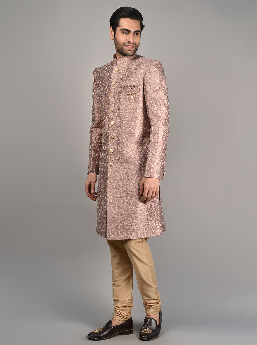 Onion pink silk blend Indowestern for weddings with intricate embroidery