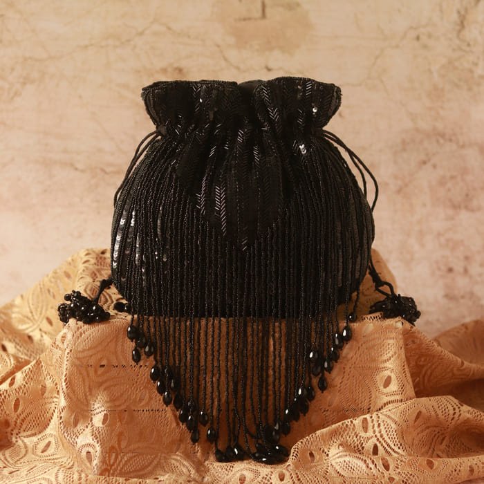 Twinkle Heavy Tassles Potli Bag | Premium Silk Elegance and Style - Twinkle_Black