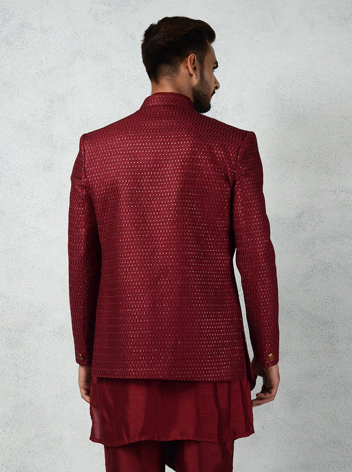 Elegant maroon Indo-Western dress with silk blend kurta and gold details.