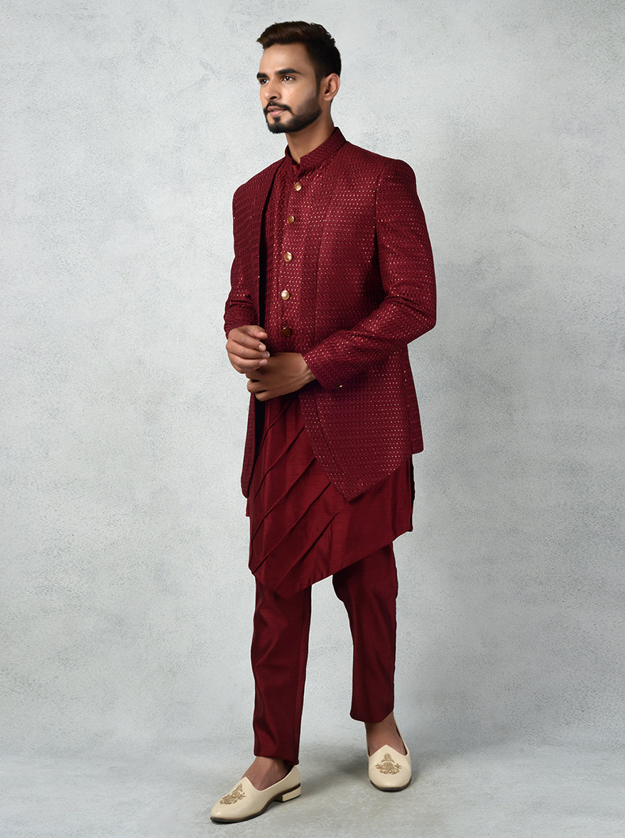 Designer maroon Indo-Western kurta with short jacket and tonal embroidery.