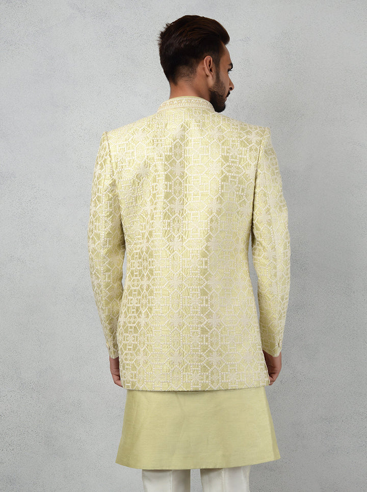 Men’s pista green silk blend Indowestern with intricate embroidery