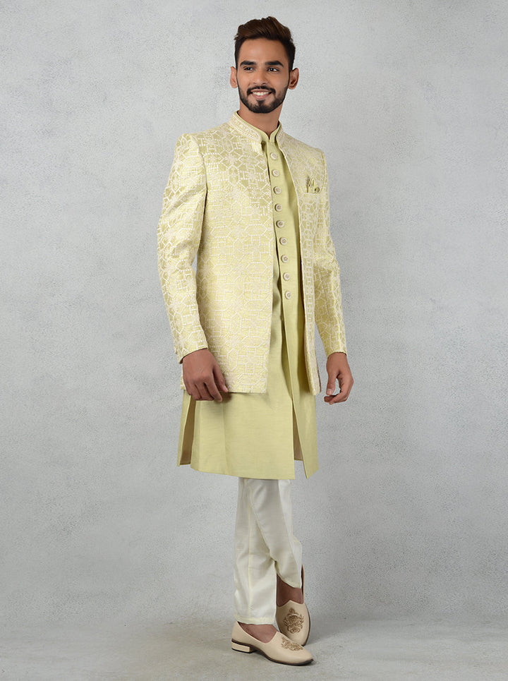 Elegant pista green Indowestern for weddings and engagement ceremonies
