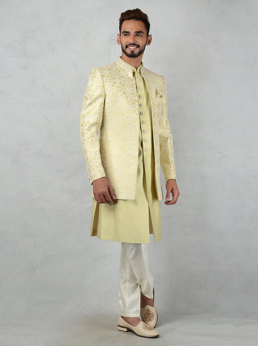 Elegant pista green Indowestern for weddings and engagement ceremonies
