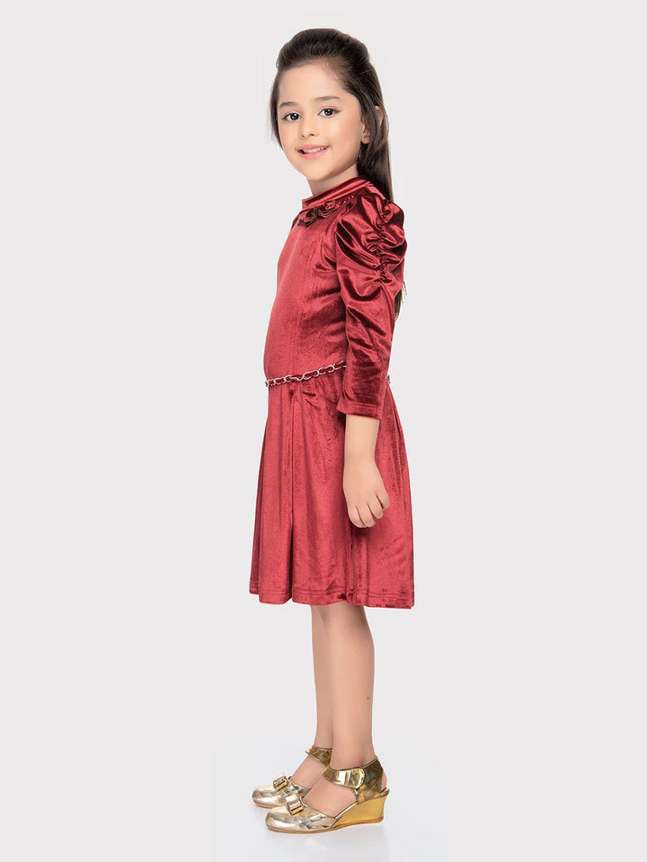 Luxurious Maroon Velvet Party Dress | Stylish Frocks for Kids