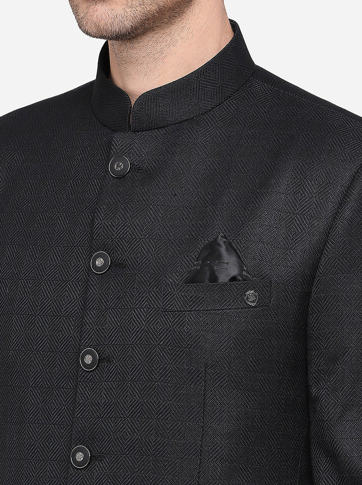 Elegant Black Jodhpuri Suit with matching pants for festivals and events.