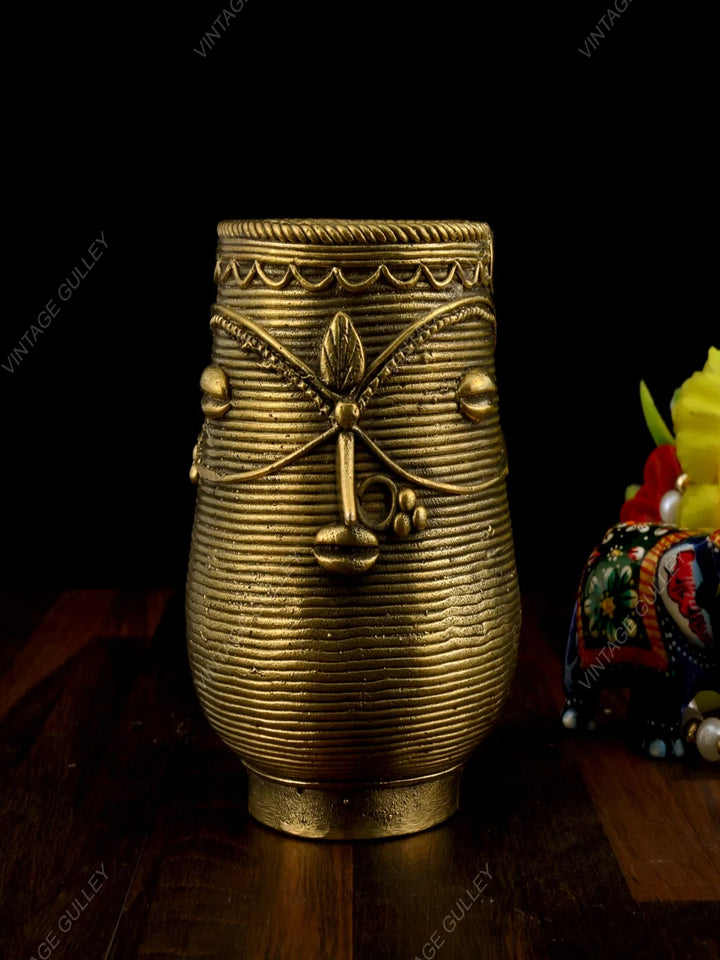 Brass Dhokra Art Pen Stand | Handcrafted Desk Organizer for Accessories