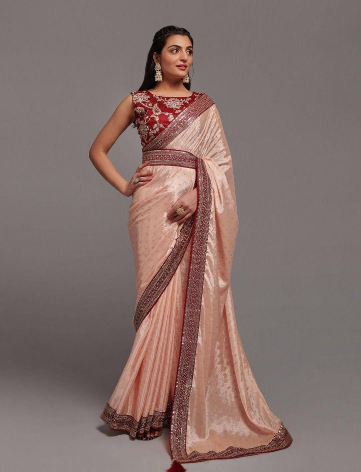 Gorgeous Peach Chinon Reception | Wear Saree With Embroidered Blouse Trendy