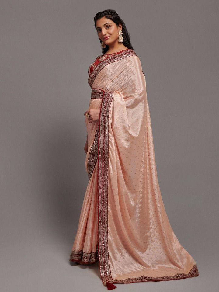 Gorgeous Peach Chinon Reception | Wear Saree With Embroidered Blouse Trendy