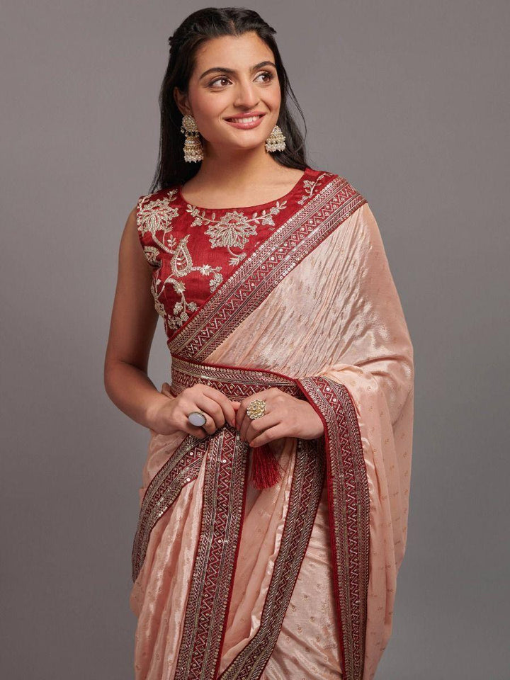 Gorgeous Peach Chinon Reception | Wear Saree With Embroidered Blouse Trendy