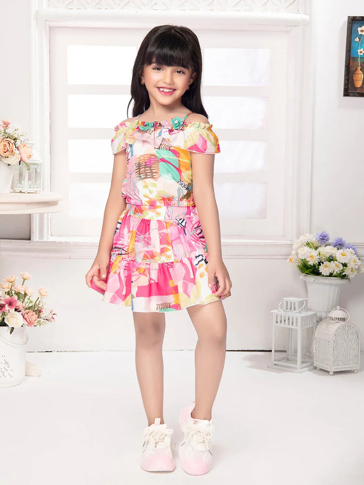 Chic Pink Skirt Set for Girls | Printed Skirt and Top Combo