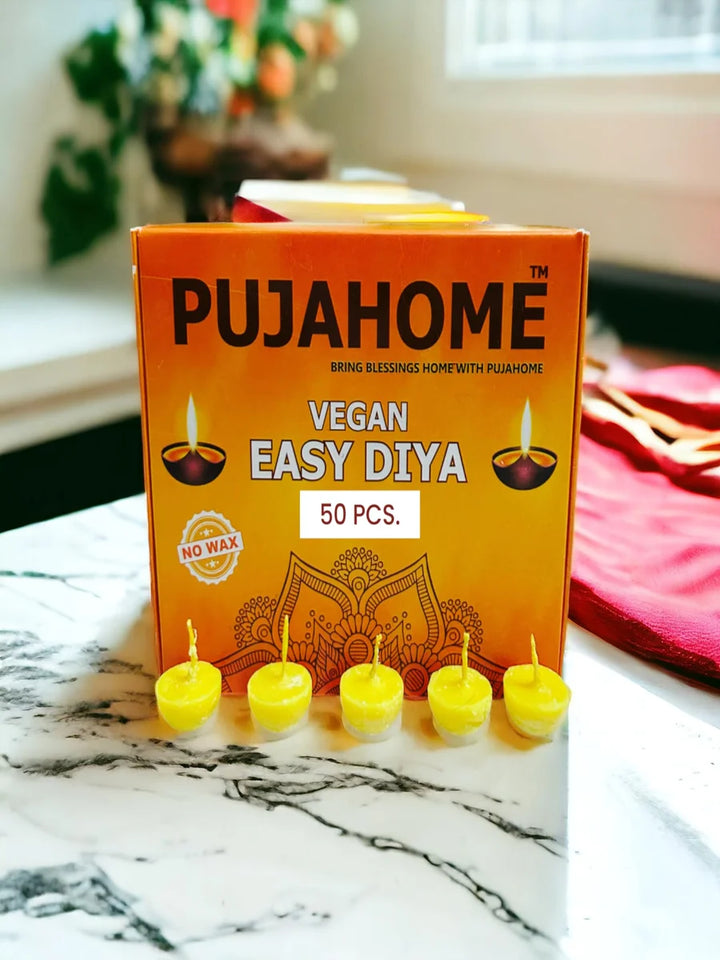 Vegan Diya Wicks (50 Pieces - Yellow) 30min Burning Time, Wax Free | Vegan Diya Batti for Puja