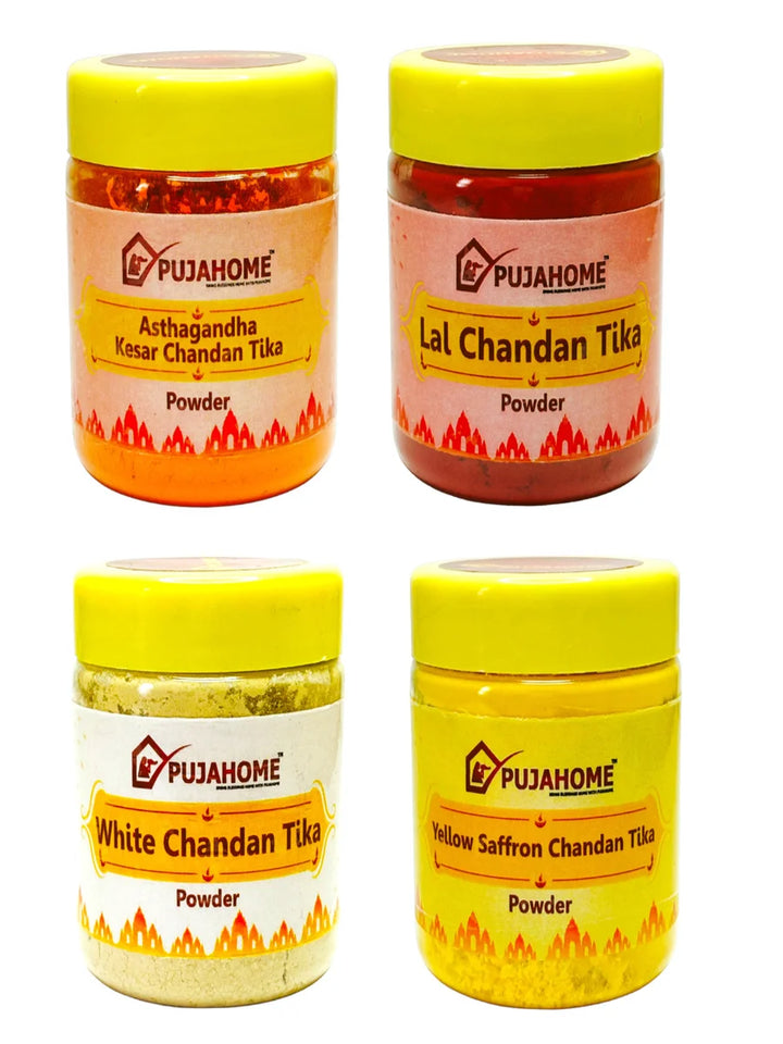 Premium Chandan Tika Powder Combo | Pack Of 4 X 50 Gram | Red, White, Yellow and Kesar