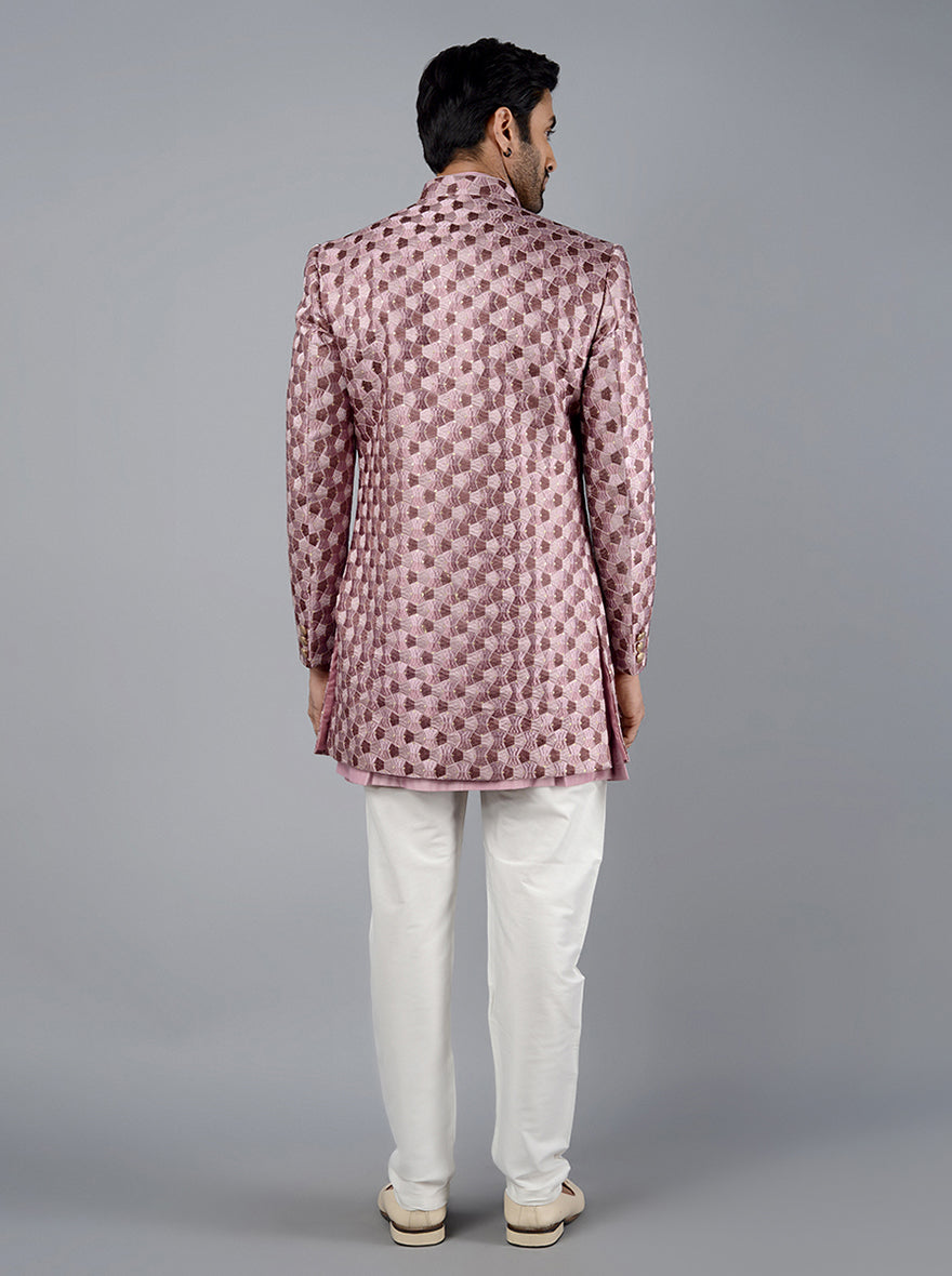 Classic deep mauve jodhpuri suit with straight cut and glossy finish.