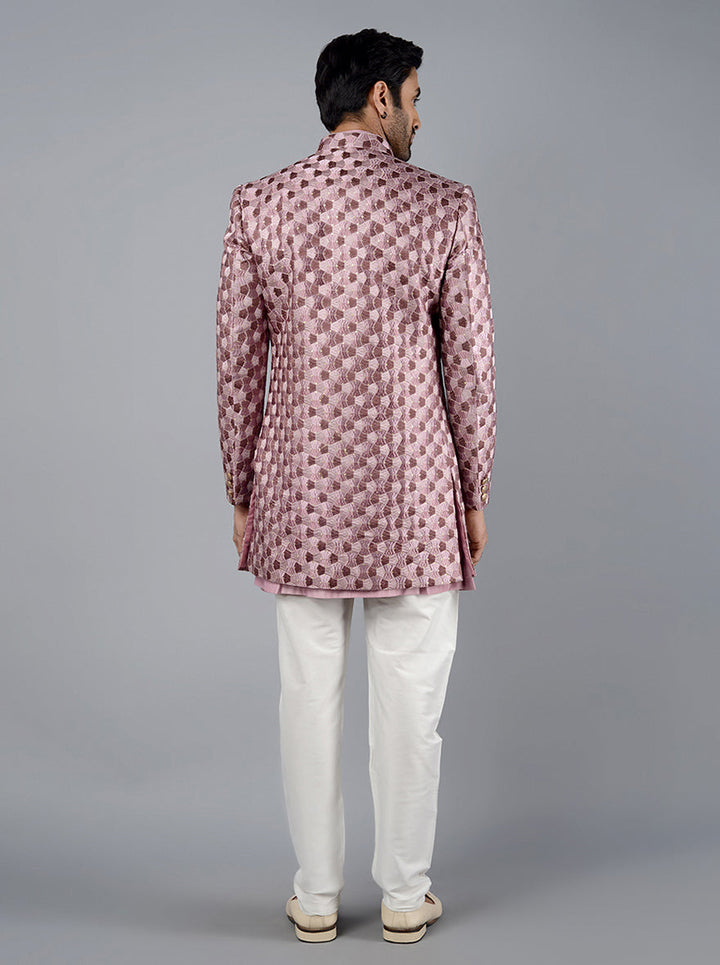 Classic deep mauve jodhpuri suit with straight cut and glossy finish.
