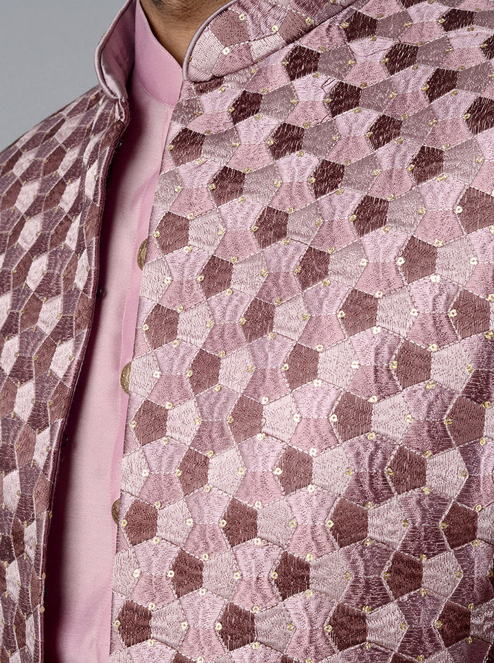 Front open deep mauve jodhpuri suit with luxury fabric for weddings and festivals.