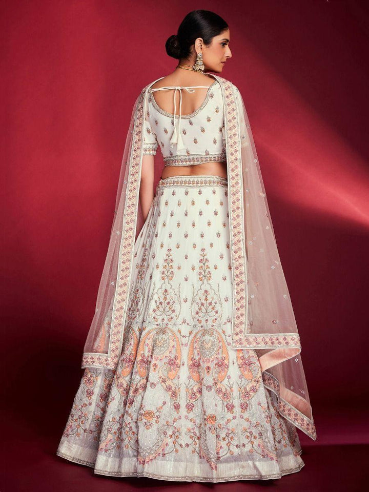 White Zarkan Georgette Bridal Lehenga Choli | Peach Dupatta with Stonework Border
